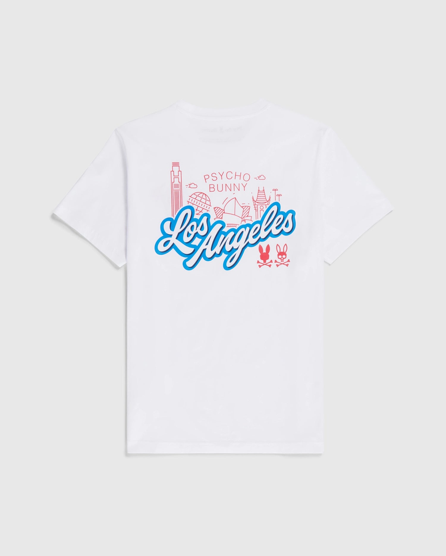 A white Pima cotton T-shirt featuring a graphic design on the back with the words "Psycho Bunny Los Angeles" in blue and pink. The design includes iconic Los Angeles landmarks and Psycho Bunny logos, reminiscent of retro Dodgers style. The Psycho Bunny MENS LOS ANGELES CITY TEE - B6U861A2PC is displayed against a plain white background.