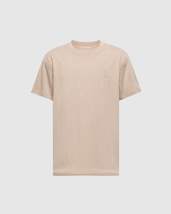 The Psycho Bunny MENS JAMES PREMIUM CREW NECK TEE - B6U952D200, crafted from Pima cotton, is shown front-facing on a white background. This plain beige tee features a small, subtle embroidered rabbit logo on the left chest.