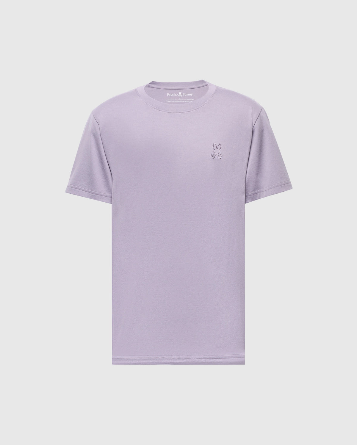The Psycho Bunny MENS JAMES CREW NECK TEE in light purple is made from soft Pima cotton. It features a small embroidered rabbit logo on the left chest, a classic round neckline with a crease-resistant collar, and short sleeves on a plain white background.