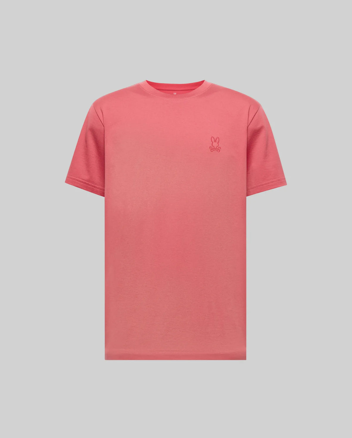 The Psycho Bunny MENS JAMES PREMIUM CREW NECK TEE (B6U952D200) is a pink Pima cotton short-sleeve shirt with a small embroidered bunny on the left chest, shown against a plain light grey background.