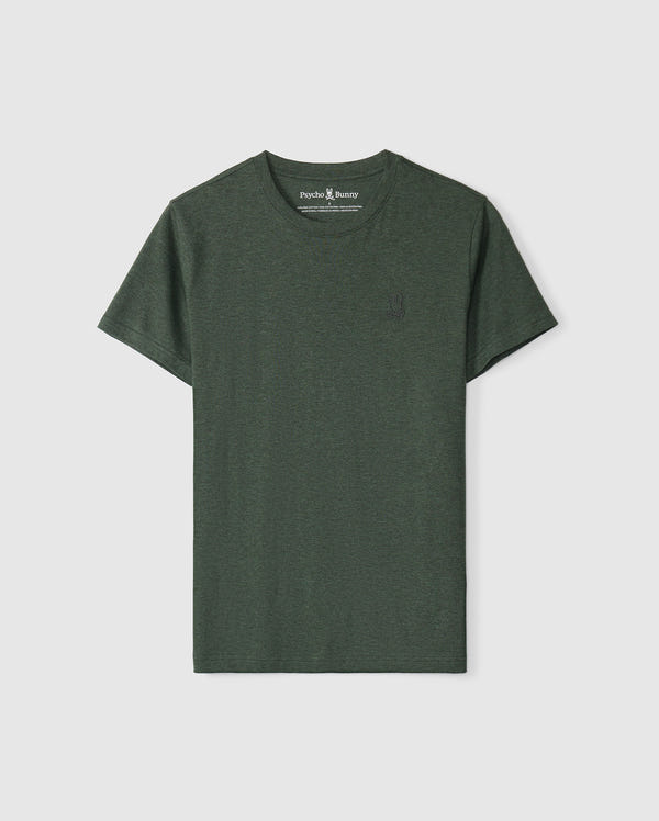 The MEN'S JAMES PREMIUM CREW NECK TEE - B6U952D200 by Psycho Bunny is displayed on a light gray background. Made from high-quality Pima cotton, it boasts a fashionable crew neck and short sleeves, with a subtle tonal outline bunny embroidered on the left chest.