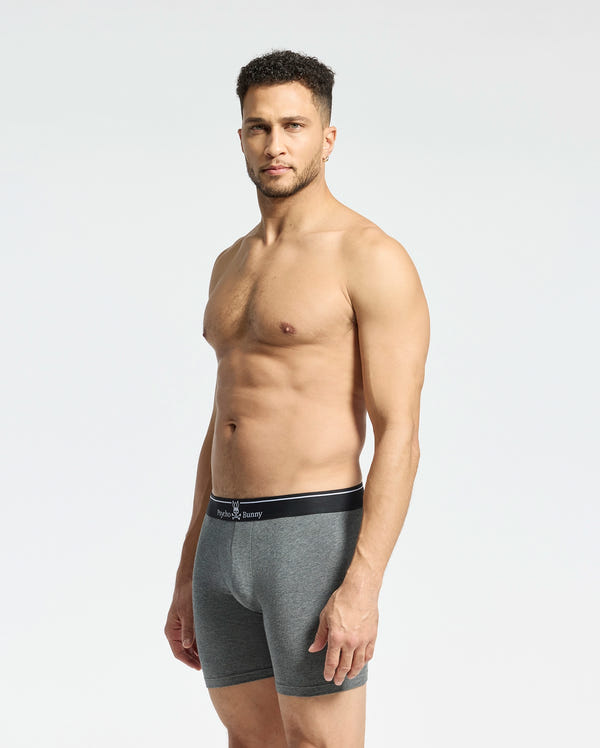 A man stands against a plain background, modeling Psycho Bunny's MENS SOLID KNIT 2 PACK BOXER BRIEF - B6V906ARCM in grey Pima cotton with a black waistband. He is shirtless, facing slightly to the side, showcasing comfort and style in every detail with a neutral expression.