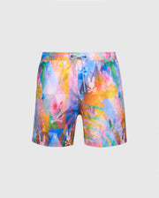 Discover Psycho Bunny's MENS MILOS PRINTED SWIM TRUNK - B6W446F200: vibrant men's shorts featuring a multicolored abstract pattern with bunny silhouettes and geometric shapes. Ideal for vacations, these quick-dry shorts come with an elastic waistband and drawstring for ultimate convenience.