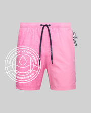Mens Samos Hydrochromic Printed Swim Trunk in vibrant pink, revealing a water-activated Psycho Bunny skull and crossbones pattern, with navy drawstrings featuring Psycho Bunny text and a small logo tag. (1)