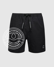 Black Mens Samos Hydrochromic Printed Swim Trunk featuring a subtle water-activated bunny skull pattern, white Psycho Bunny drawstring text, and a small embroidered bunny skull logo on the left leg.