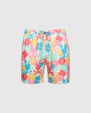 Psycho Bunny's Lemmon All Over Print Swim Trunks (B6W658F200) feature a colorful floral pattern with red, blue, and orange flowers on a light background. Designed for comfort and style with an elastic waistband and drawstring, these regular-fit shorts are ideal for sunny adventures.