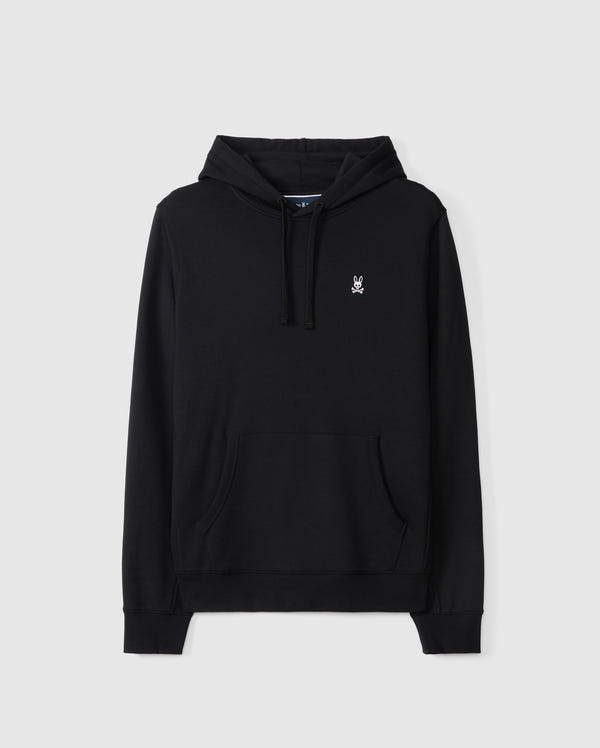 The Psycho Bunny Mens Big and Tall Levy Essential Fleece Hoodie (B9H859D200) is made from 100% cotton and showcases a stylish black design with a subtle white embroidered logo on the left chest. It features an adjustable drawstring hood and a handy kangaroo pocket for warmth.