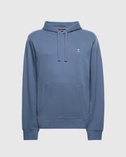 The Psycho Bunny Men’s Big and Tall Levy Essential Fleece Hoodie (B9H859D200) in blue features soft French terry, a front pocket, drawstrings, and a small white embroidered bunny logo on the left chest.