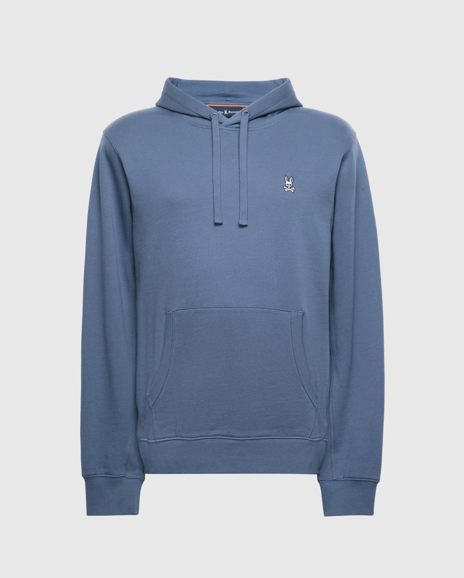 The Psycho Bunny Men’s Big and Tall Levy Essential Fleece Hoodie (B9H859D200) in blue features soft French terry, a front pocket, drawstrings, and a small white embroidered bunny logo on the left chest.