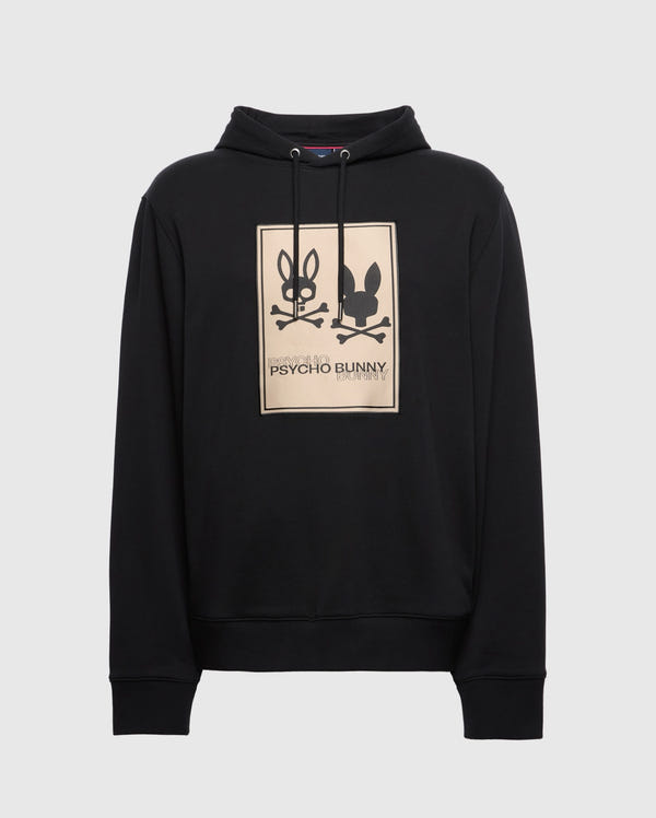 The Psycho Bunny Men's Big and Tall Monroe Twill Patch Fleece Hoodie features a beige rectangular graphic with stylized bunny skulls and "Psycho Bunny" text on soft French terry, complete with a signature patch applique.