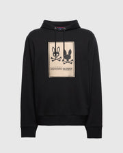 The Psycho Bunny Men's Big and Tall Monroe Twill Patch Fleece Hoodie features a beige rectangular graphic with stylized bunny skulls and "Psycho Bunny" text on soft French terry, complete with a signature patch applique.