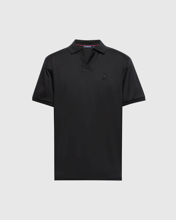 The Psycho Bunny men's big and tall Broadway Pima Interlock Johnny Collar Polo, model B9K891D200, is a black polo shirt featuring luxurious mercerized Pima cotton, short sleeves, a Johnny collar, and a small tonal embroidered Bunny logo on the left chest.