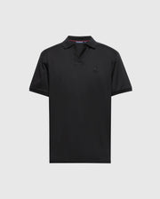 The Psycho Bunny men's big and tall Broadway Pima Interlock Johnny Collar Polo, model B9K891D200, is a black polo shirt featuring luxurious mercerized Pima cotton, short sleeves, a Johnny collar, and a small tonal embroidered Bunny logo on the left chest.