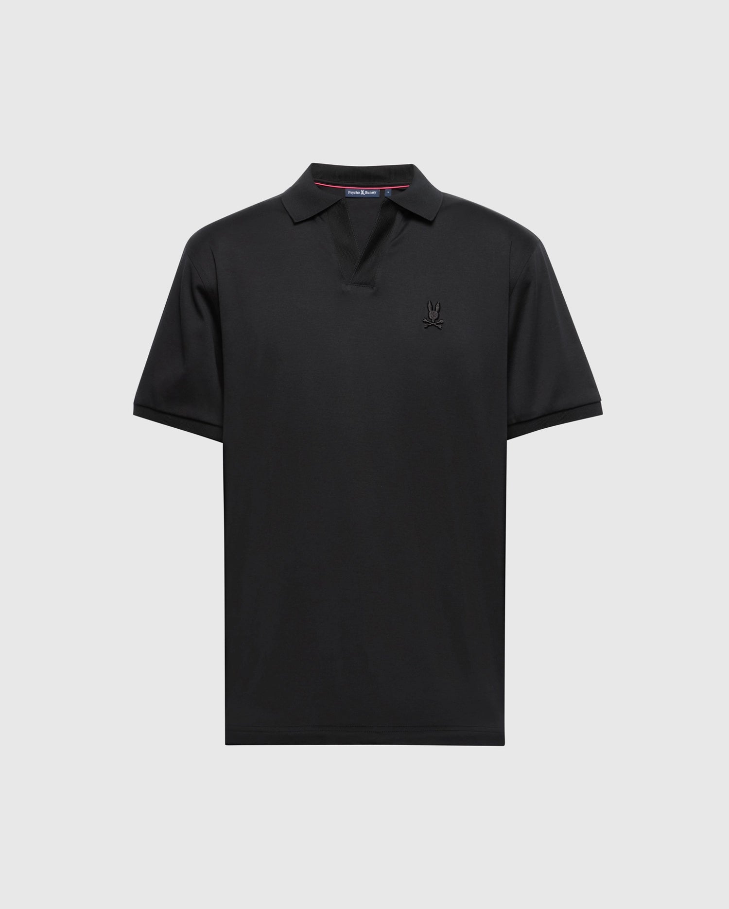 The Psycho Bunny men's big and tall Broadway Pima Interlock Johnny Collar Polo, model B9K891D200, is a black polo shirt featuring luxurious mercerized Pima cotton, short sleeves, a Johnny collar, and a small tonal embroidered Bunny logo on the left chest.