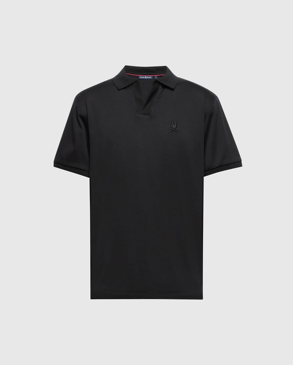 The Psycho Bunny men's big and tall Broadway Pima Interlock Johnny Collar Polo, model B9K891D200, is a black polo shirt featuring luxurious mercerized Pima cotton, short sleeves, a Johnny collar, and a small tonal embroidered Bunny logo on the left chest.