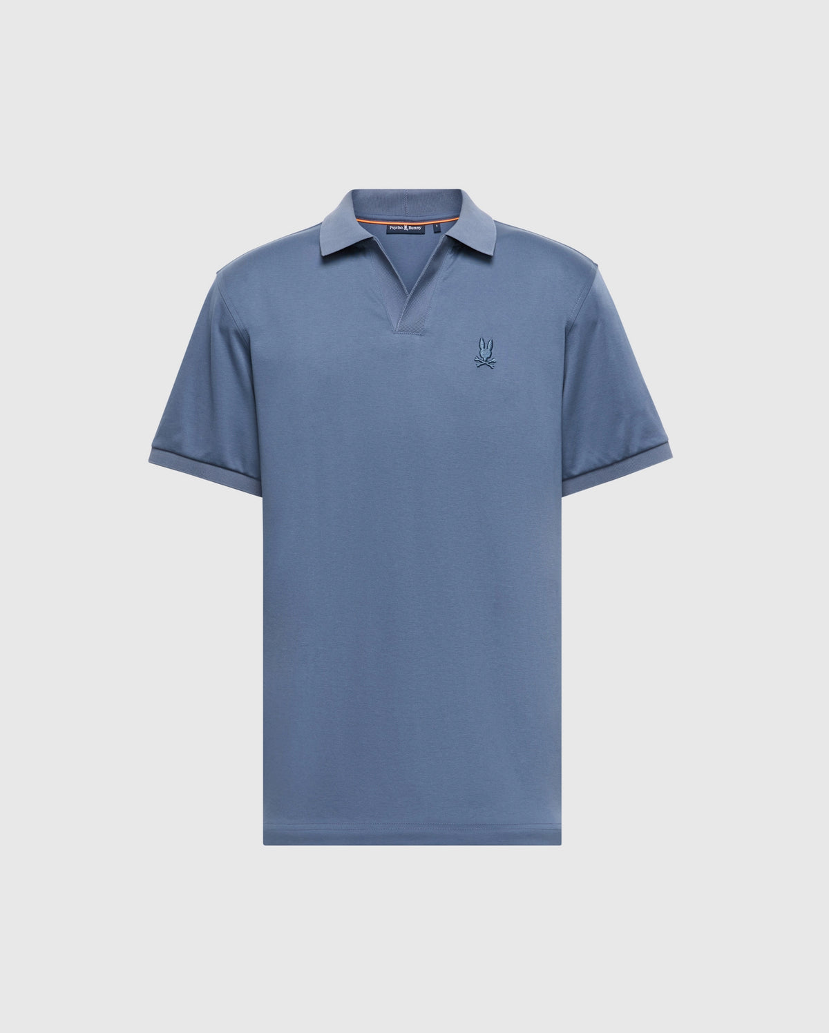 The Psycho Bunny Men's Big and Tall Broadway Pima Interlock Johnny Collar Polo, B9K891D200, is a blue short-sleeved shirt made from luxurious Pima cotton. It features a collar, a subtle embroidered logo on the left chest, and a simple classic design with a mercerized finish for added luster.