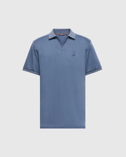 The Psycho Bunny Men's Big and Tall Broadway Pima Interlock Johnny Collar Polo, B9K891D200, is a blue short-sleeved shirt made from luxurious Pima cotton. It features a collar, a subtle embroidered logo on the left chest, and a simple classic design with a mercerized finish for added luster.