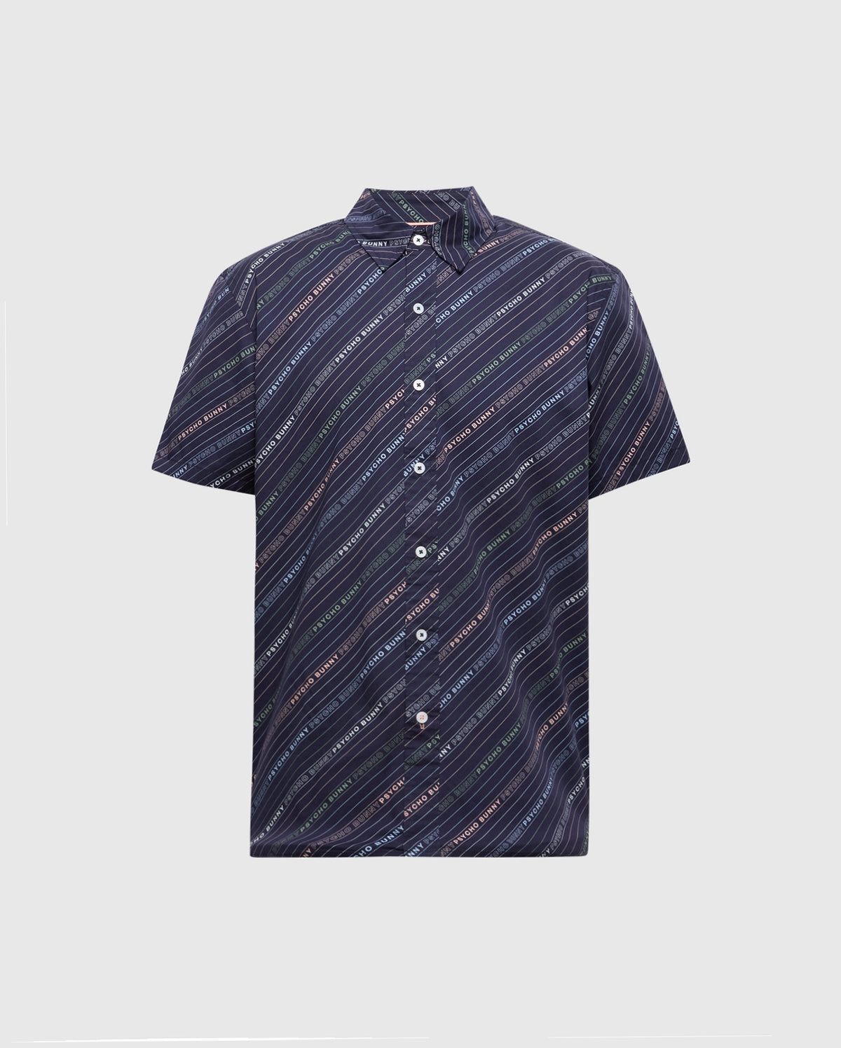 The Psycho Bunny Men's Big and Tall Renmark Stretch Poplin Woven Shirt offers a premium stretch poplin fabric with diagonal dark blue stripes, accented with teal and orange lines featuring white text on a light gray background. It includes a standard collar, seven buttons, and a stylish logo pattern.