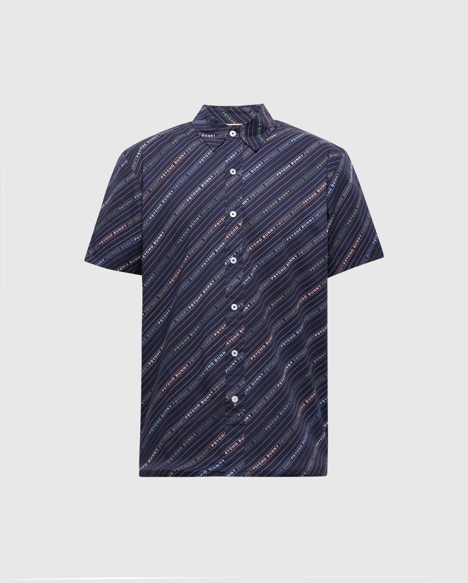 The Psycho Bunny Men's Big and Tall Renmark Stretch Poplin Woven Shirt offers a premium stretch poplin fabric with diagonal dark blue stripes, accented with teal and orange lines featuring white text on a light gray background. It includes a standard collar, seven buttons, and a stylish logo pattern.