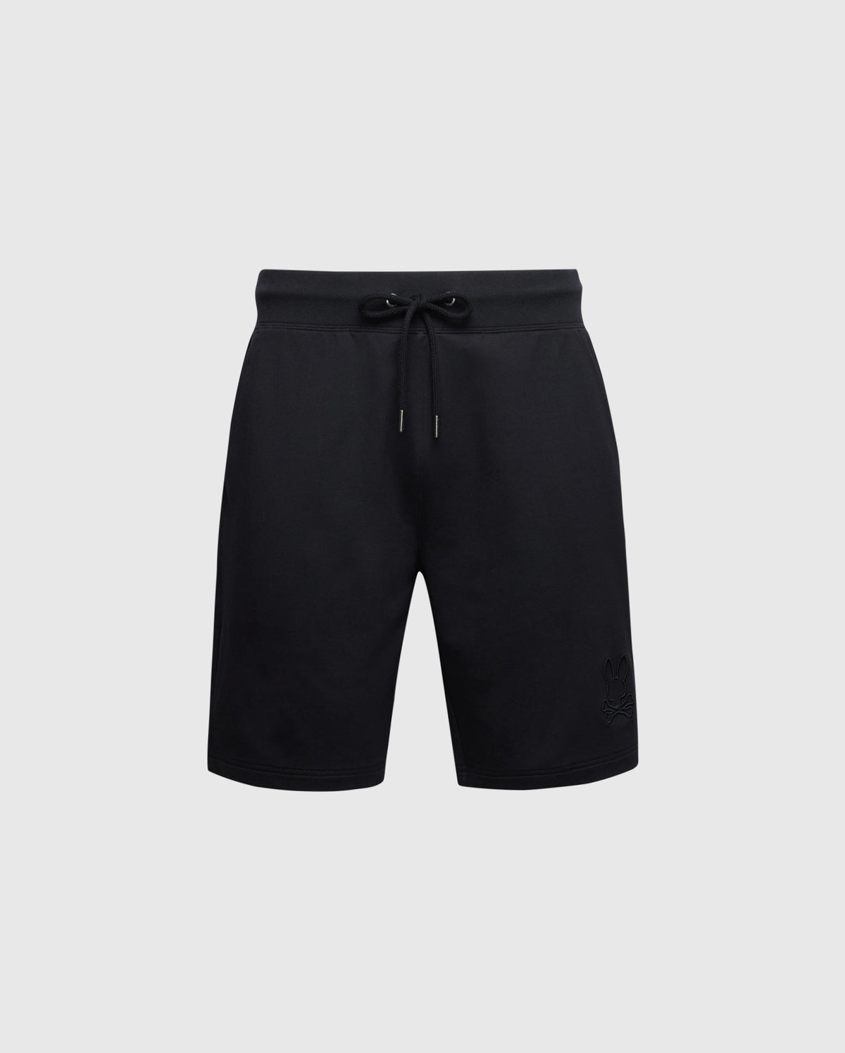 The Psycho Bunny MENS BIG AND TALL LEVANZO FRENCH TERRY SWEATSHORT (B9R578F200) features knee-length black micro French terry, an elastic waistband with drawstring, and a subtle embroidered logo, shown on a plain light gray background.