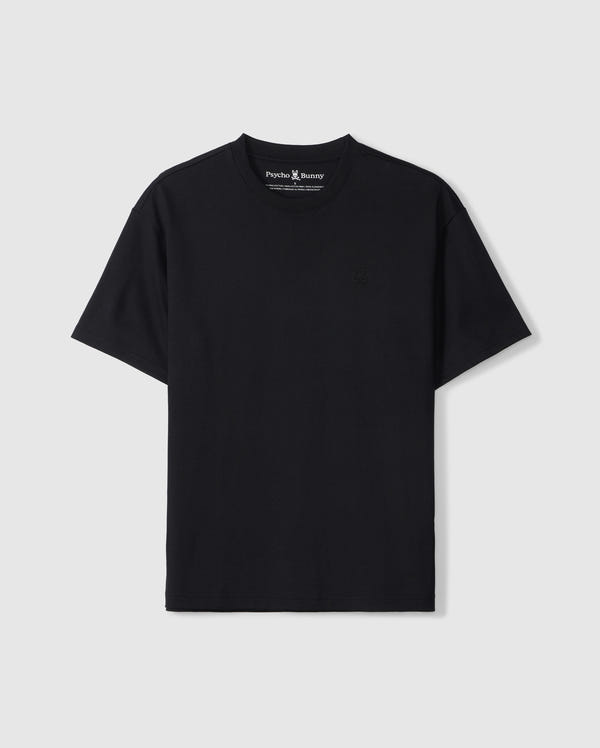 The Psycho Bunny BIG AND TALL DUKE OVERSIZED TEE - B9U742D200 is a relaxed-fit black heavyweight Pima cotton T-shirt with a round neckline, short sleeves, and an embroidered chest bunny. Its smooth fabric ensures comfort, and the inside neck label adds subtle elegance against a plain white backdrop.
