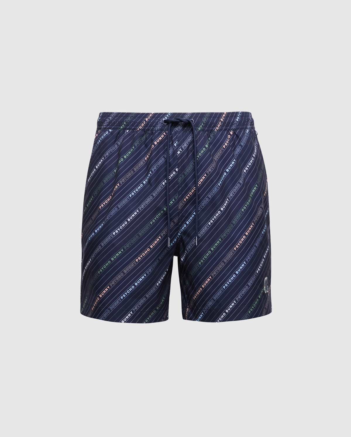 Psycho Bunny's Mens Big and Tall Renmark PB Printed Swim Trunks (B9W622F200) are navy blue with diagonal multicolored stripes and a logo-patterned print. They feature quick-dry fabric, an elastic waistband, and a drawstring.