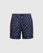 Psycho Bunny's Mens Big and Tall Renmark PB Printed Swim Trunks (B9W622F200) are navy blue with diagonal multicolored stripes and a logo-patterned print. They feature quick-dry fabric, an elastic waistband, and a drawstring.