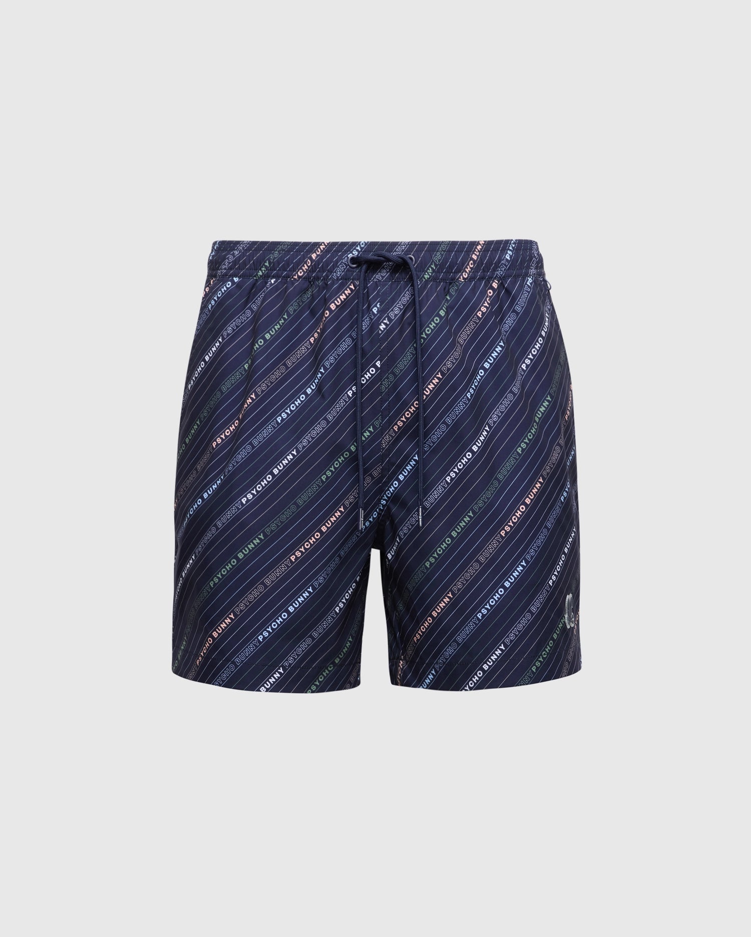 Psycho Bunny's Mens Big and Tall Renmark PB Printed Swim Trunks (B9W622F200) are navy blue with diagonal multicolored stripes and a logo-patterned print. They feature quick-dry fabric, an elastic waistband, and a drawstring.