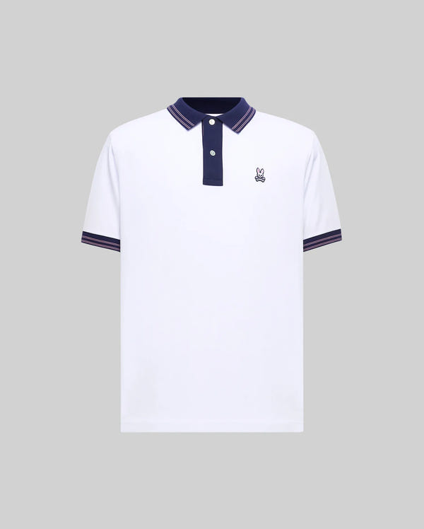Mens Big And Tall Kenyon Lightweight Pique Polo in white, featuring a navy blue collar with red stripes, two-button placket, and ribbed cuffs with red stripes. Small embroidered Psycho Bunny logo on left chest.