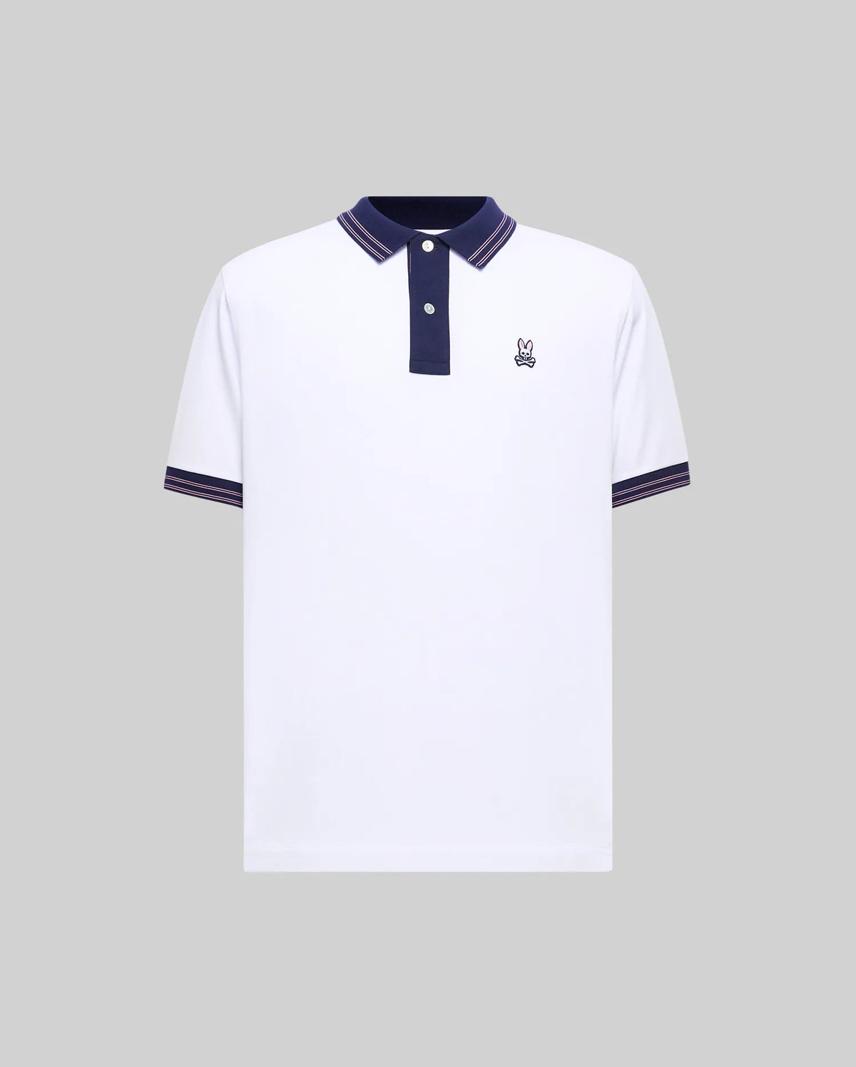 Mens Big And Tall Kenyon Lightweight Pique Polo in white, featuring a navy blue collar with red stripes, two-button placket, and ribbed cuffs with red stripes. Small embroidered Psycho Bunny logo on left chest.