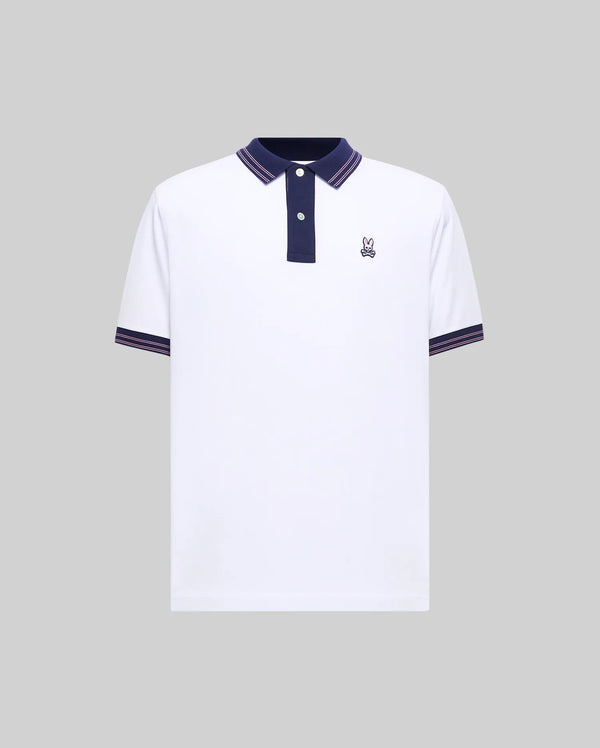 Mens Big And Tall Kenyon Lightweight Pique Polo in white, featuring a navy blue collar with red stripes, two-button placket, and ribbed cuffs with red stripes. Small embroidered Psycho Bunny logo on left chest.