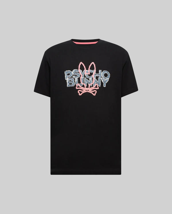 Mens Big And Tall Herman Graphic Tee, black classic fit jersey t-shirt with a large distressed pink and blue-grey Psycho Bunny skull and text logo on the chest, featuring a pink inner collar trim.