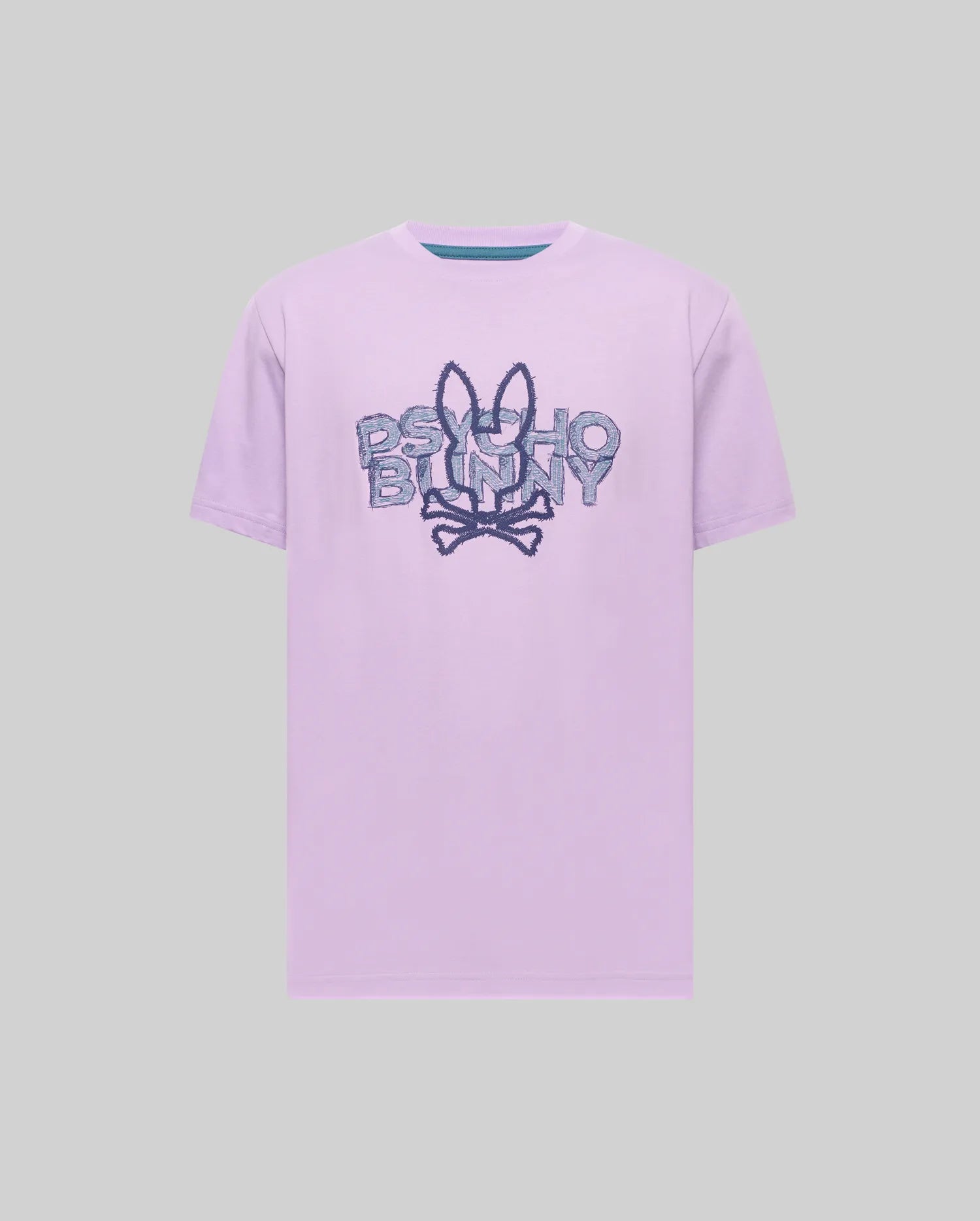 Mens Big And Tall Herman Graphic Tee, a classic fit lavender jersey t-shirt featuring a large, distressed blue Psycho Bunny skull and text graphic on the chest.