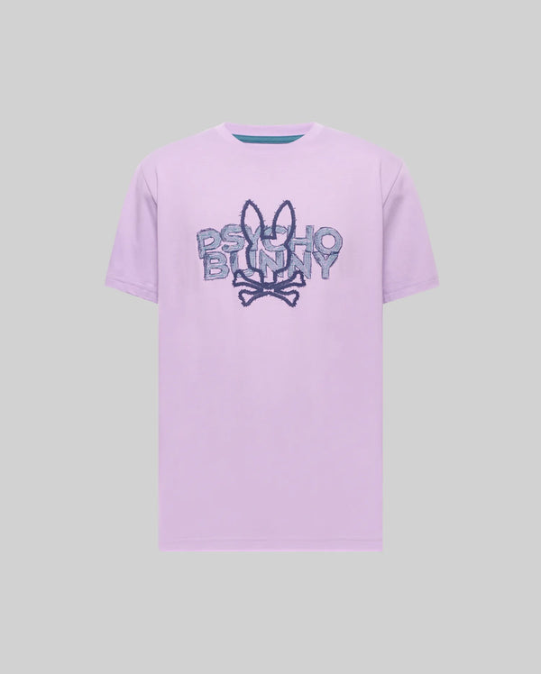 Mens Big And Tall Herman Graphic Tee, a classic fit lavender jersey t-shirt featuring a large, distressed blue Psycho Bunny skull and text graphic on the chest.