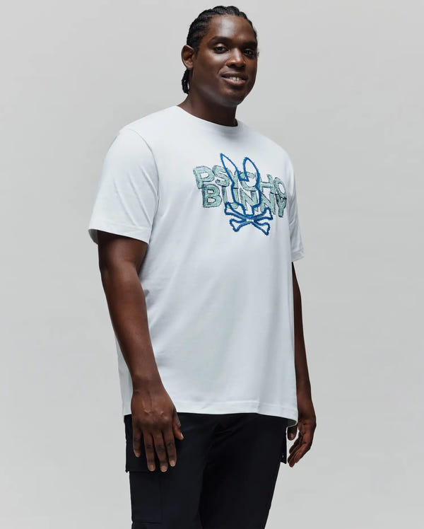 Mens Big And Tall Herman Graphic Tee, white classic fit jersey t-shirt with a large center chest textured blue and teal Psycho Bunny text and bunny skull logo graphic.