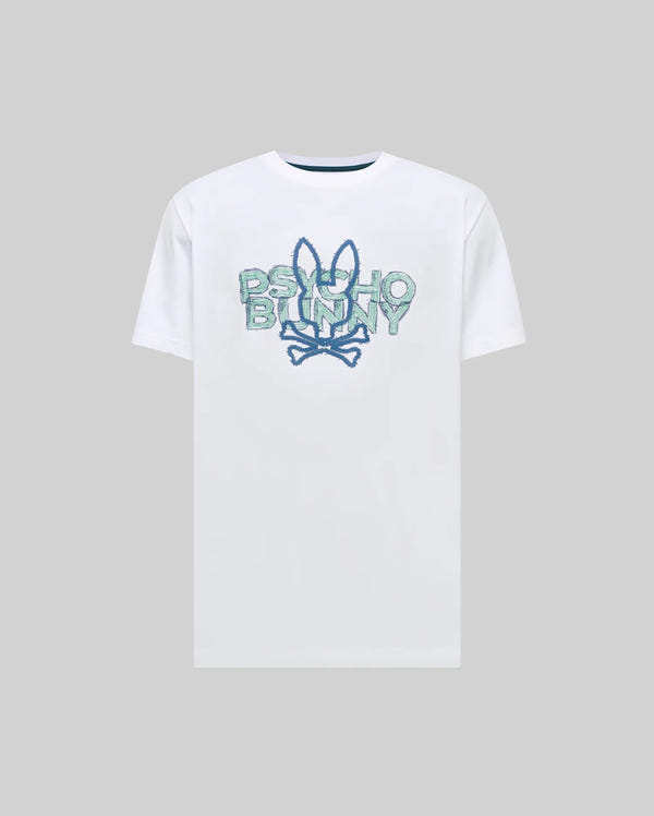Mens Big And Tall Herman Graphic Tee, white jersey knit with a large center chest blue and green distressed Psycho Bunny skull logo and text graphic print, classic fit.
