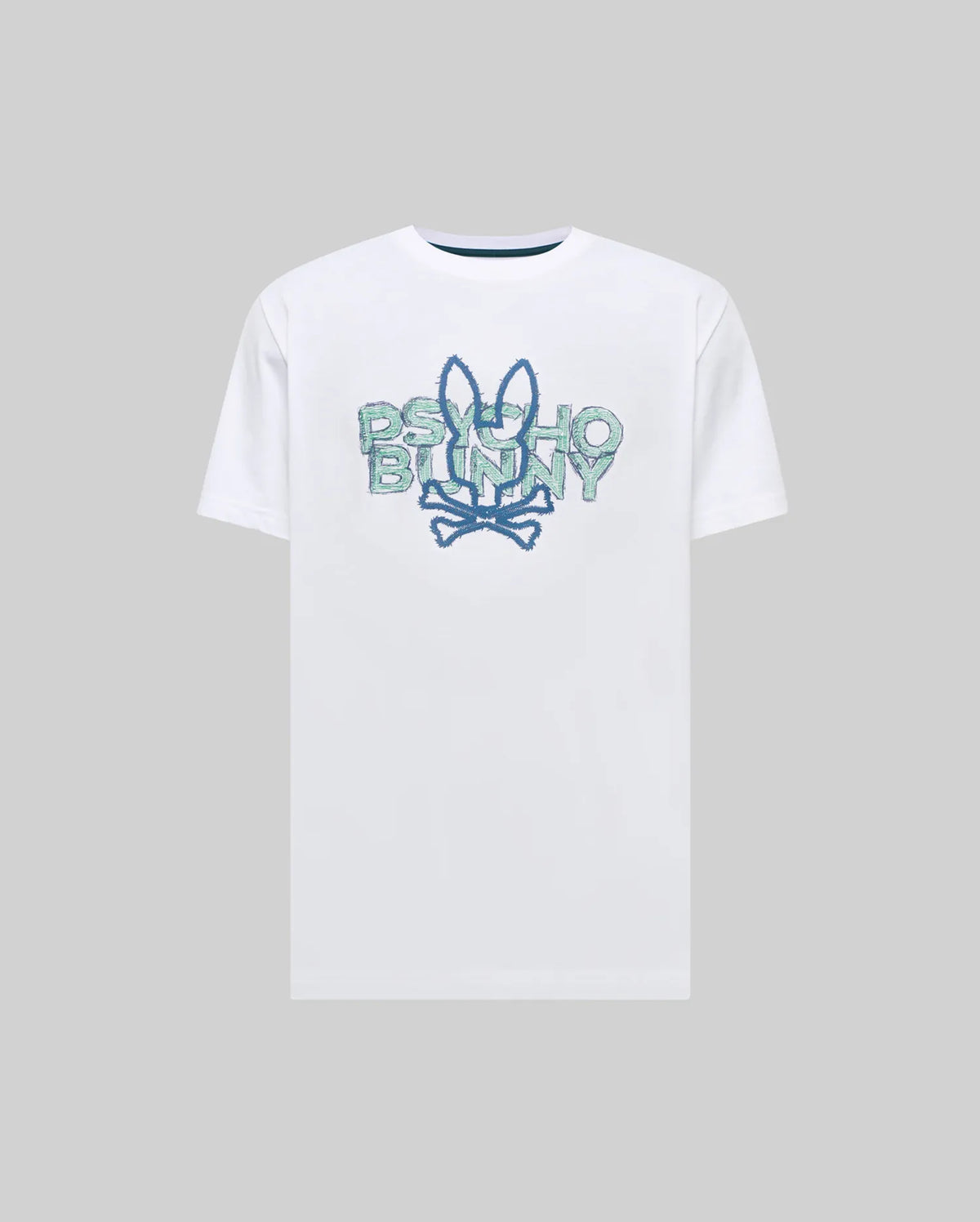 Mens Big And Tall Herman Graphic Tee, white jersey knit with a large center chest blue and green distressed Psycho Bunny skull logo and text graphic print, classic fit.