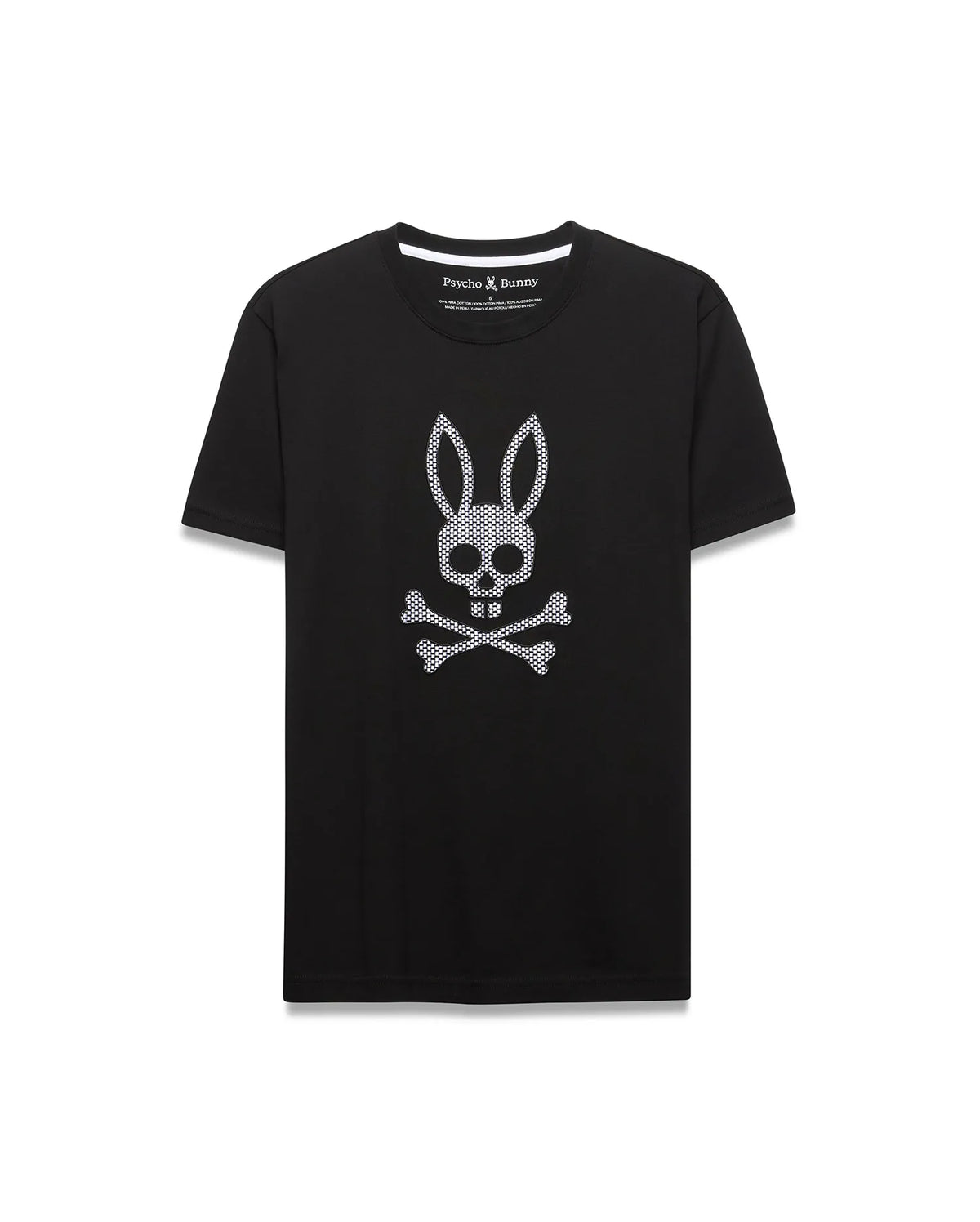 Mens Big And Tall Stan Graphic Tee, a black classic fit jersey t-shirt with a large, central white perforated Psycho Bunny skull and crossbones graphic. (1)