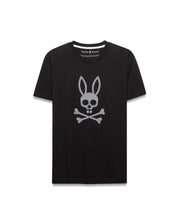 Mens Big And Tall Stan Graphic Tee, a black classic fit jersey t-shirt with a large, central white perforated Psycho Bunny skull and crossbones graphic. (1)