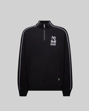 Mens Big And Tall Toby 1/4 Zip, black relaxed-fit pullover with white piping on sleeves, large white Psycho Bunny skull logo on chest, quarter-zip collar, and front kangaroo pocket with a small neon green tag.