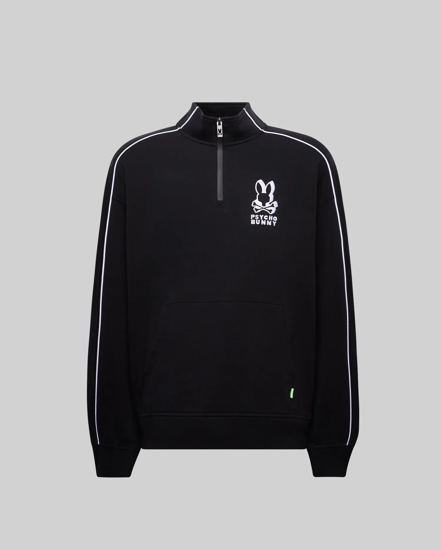 Mens Big And Tall Toby 1/4 Zip, black relaxed-fit pullover with white piping on sleeves, large white Psycho Bunny skull logo on chest, quarter-zip collar, and front kangaroo pocket with a small neon green tag.