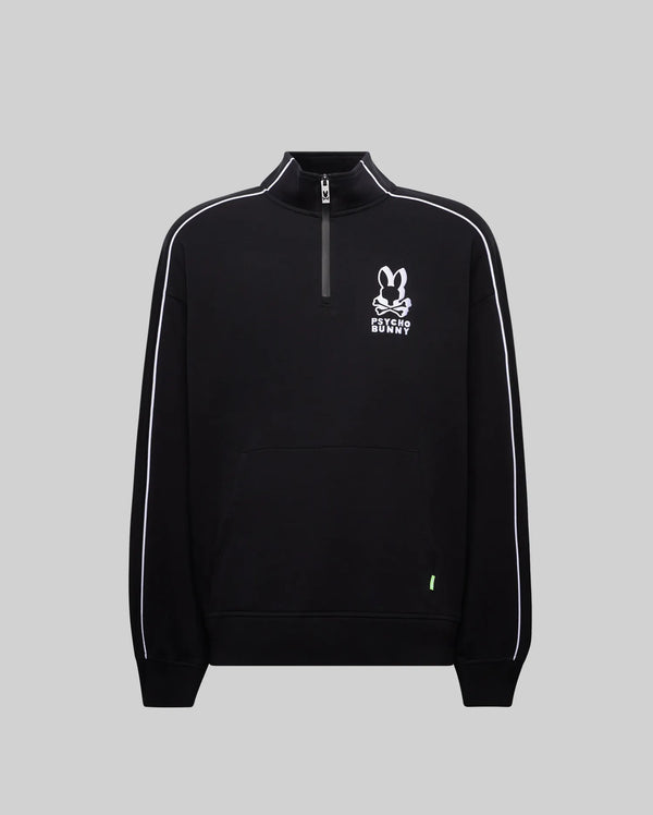 Mens Big And Tall Toby 1/4 Zip, black relaxed-fit pullover with white piping on sleeves, large white Psycho Bunny skull logo on chest, quarter-zip collar, and front kangaroo pocket with a small neon green tag.