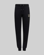 The Psycho Bunny KIDS WADE SWEATPANT (KB0800002) features black jogger pants with an elastic waistband, drawstrings, cuffed ankles, and a small beige embroidered wordmark on the upper left thigh, made from a premium cotton blend.