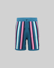 Kids Cliff Knit Short in teal, featuring a ribbed drawstring waistband and vibrant vertical stripes in pink, navy, light blue, and white, with a relaxed knit texture. (4)