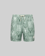 The Psycho Bunny KIDS CHUCK ALL OVER PRINT LIGHTWEIGHT SWIM TRUNK (KB1000002) features light green recycled polyester, a drawstring waist, and abstract bunny silhouettes in green shades, shown on a plain grey background.