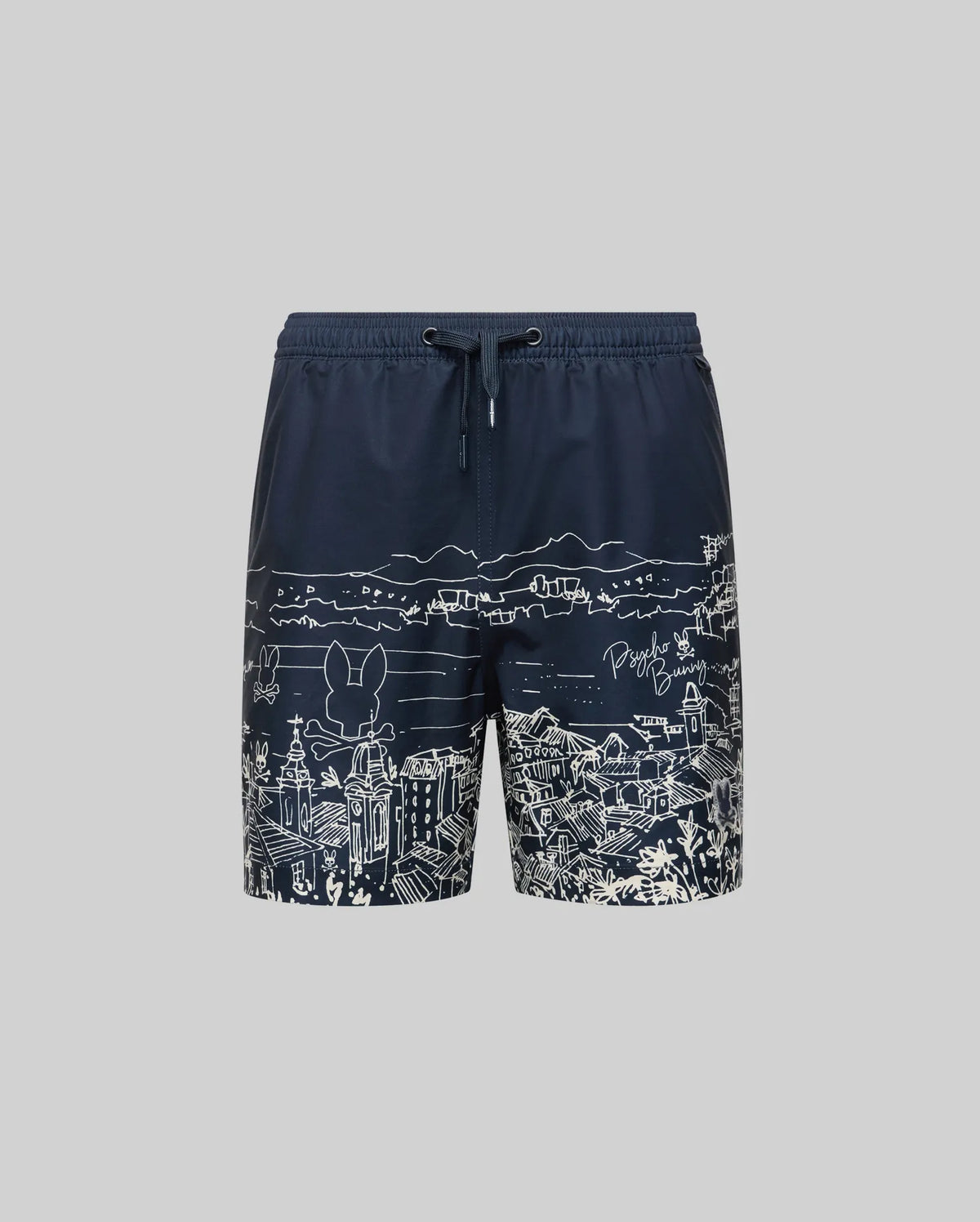 The Psycho Bunny KIDS NAXOS SWIM TRUNK (KB1000006) features a bold cityscape, mountains, and abstract figure print in navy blue, plus a drawstring waistband and pockets for stylish comfort.