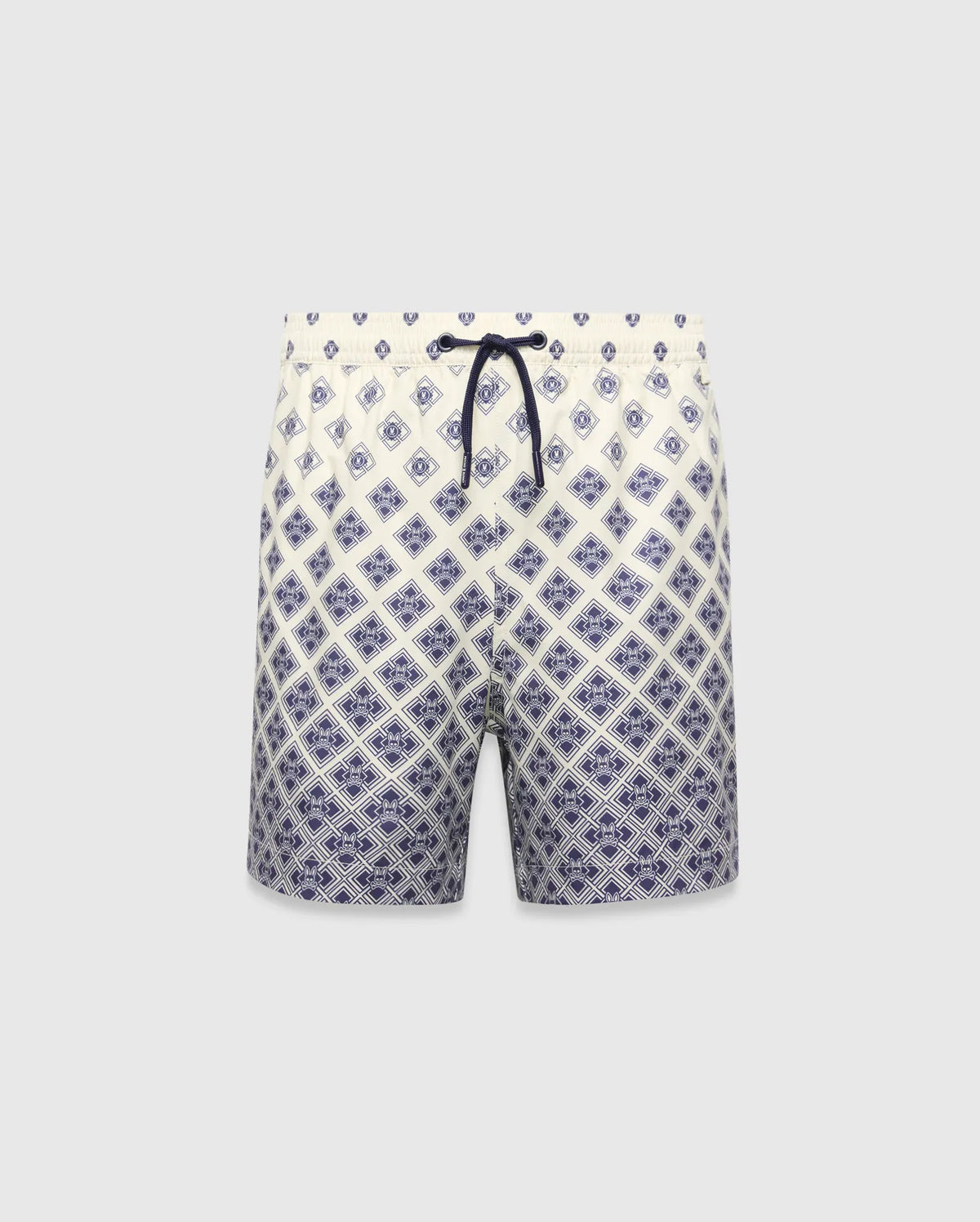 Kids Tobias Swim Trunk in cream with a navy blue diamond grid pattern featuring repeated Psycho Bunny skull logos, a relaxed fit, and a navy drawstring. The pattern intensifies towards the hem. (5)