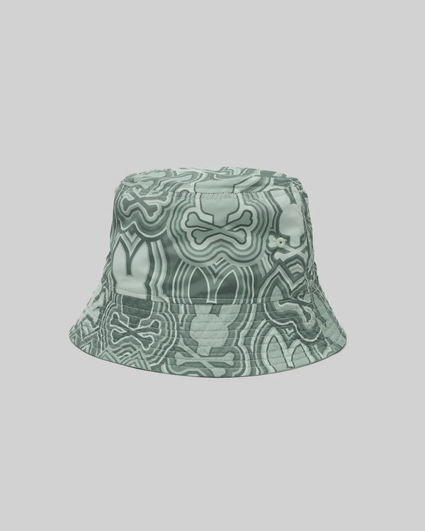 The Psycho Bunny KIDS CHUCK REVERSIBLE BUCKET HAT (KO1500015) features an abstract, wavy pattern in green shades—perfect for stylish SPF protection and summer fun.