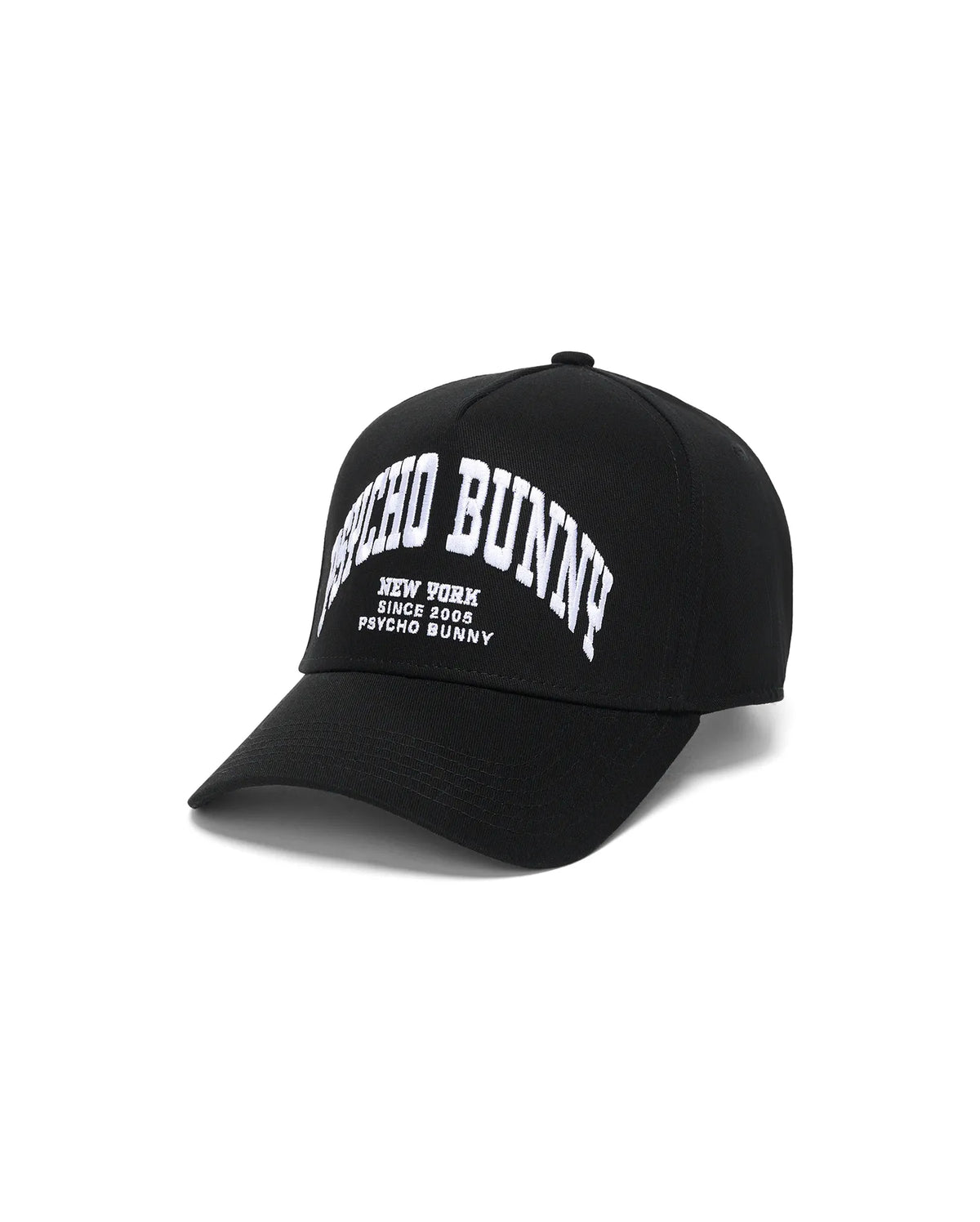 Black Kids Nathaniel A-Frame Trucker Cap with bold white arched embroidered Psycho Bunny New York Since 2005 text prominently on the front, showcasing premium streetwear style. (2)