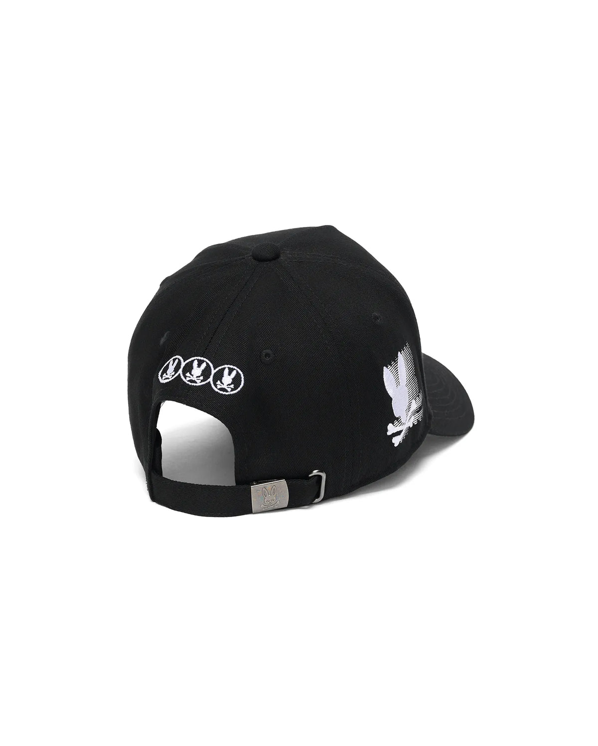 Black Kids Nathaniel A-Frame Trucker Cap with a large white embroidered Psycho Bunny skull logo on the side, three smaller white logos on the back, and a silver buckle featuring an engraved bunny skull. (4)